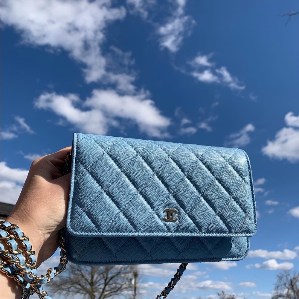 22S CHANEL Classic Light Blue Caviar WOC Wallet On Chain GHW NEW